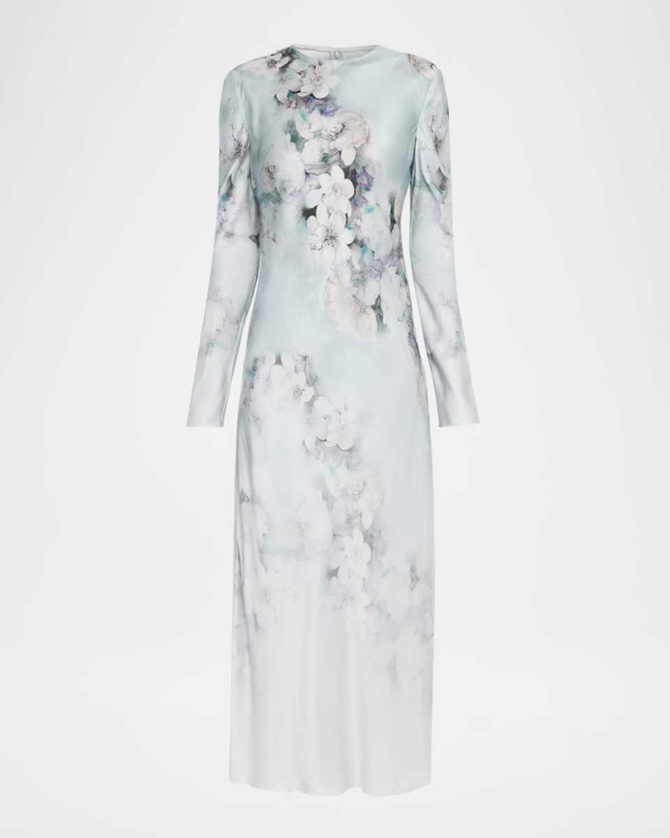 Degrade Floral Print Washed Satin Long-Sleeve Gown